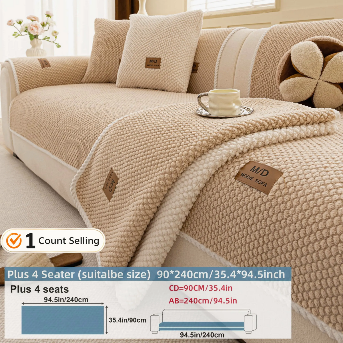 Luxury Thick Removable Couch Cover, 1 Count Soft Textured Seat Pad, Non-Slip Washable Universal Sofa Protector