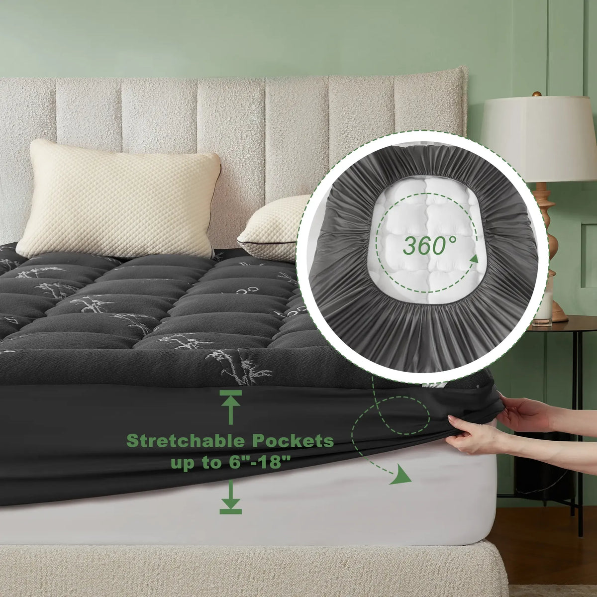 Bamboo Mattress Topper, Thicken Pillow Top Pad for Comfy Mattresses, Cooling Mattress Cover with 6-18" Deep Pocket