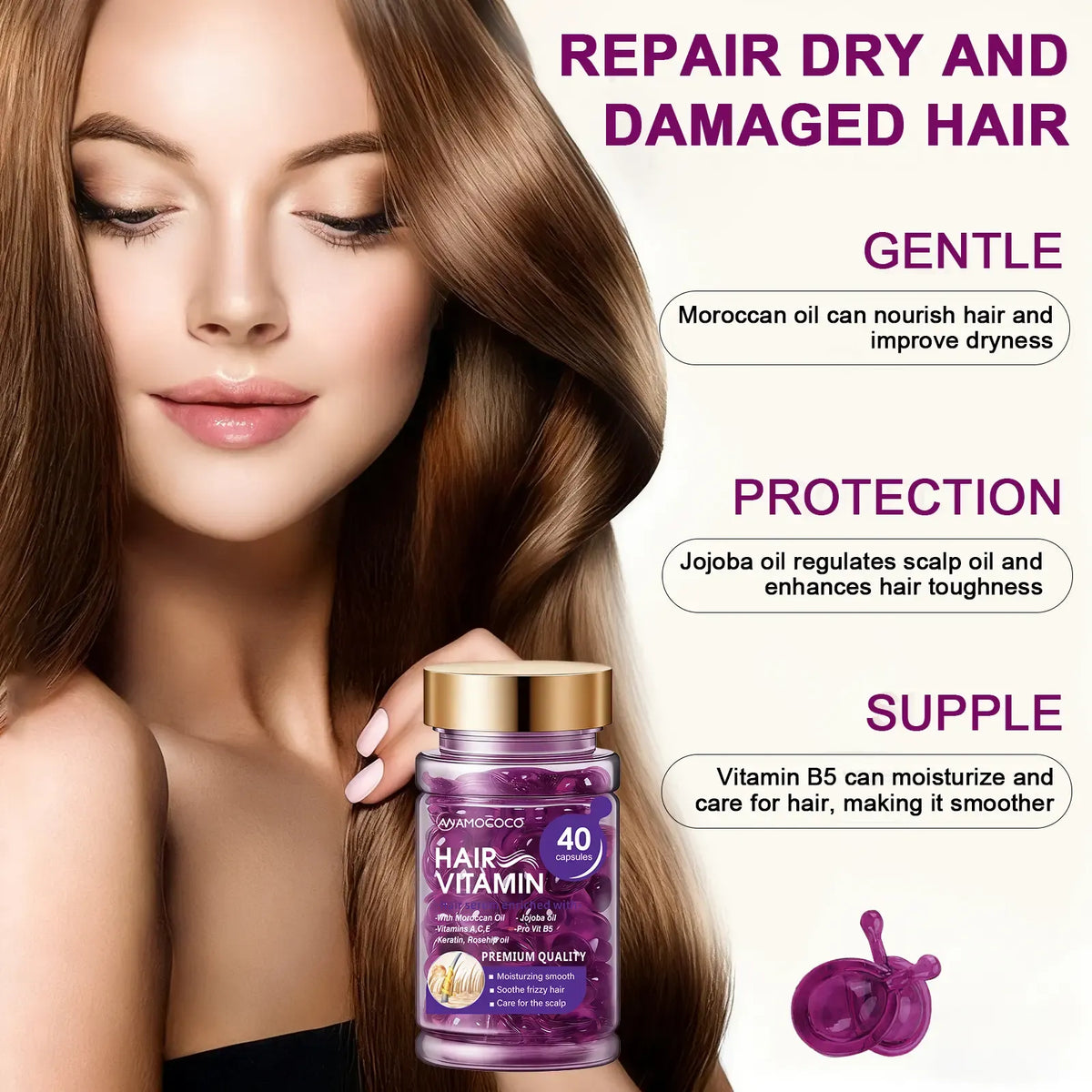 Hair Vitamin Capsules Infused with Violet Vitamins & Argan Oil for Color-Treated & Permed Hair Smooths Frizz Restores Silkiness & Shine 40 Capsules.