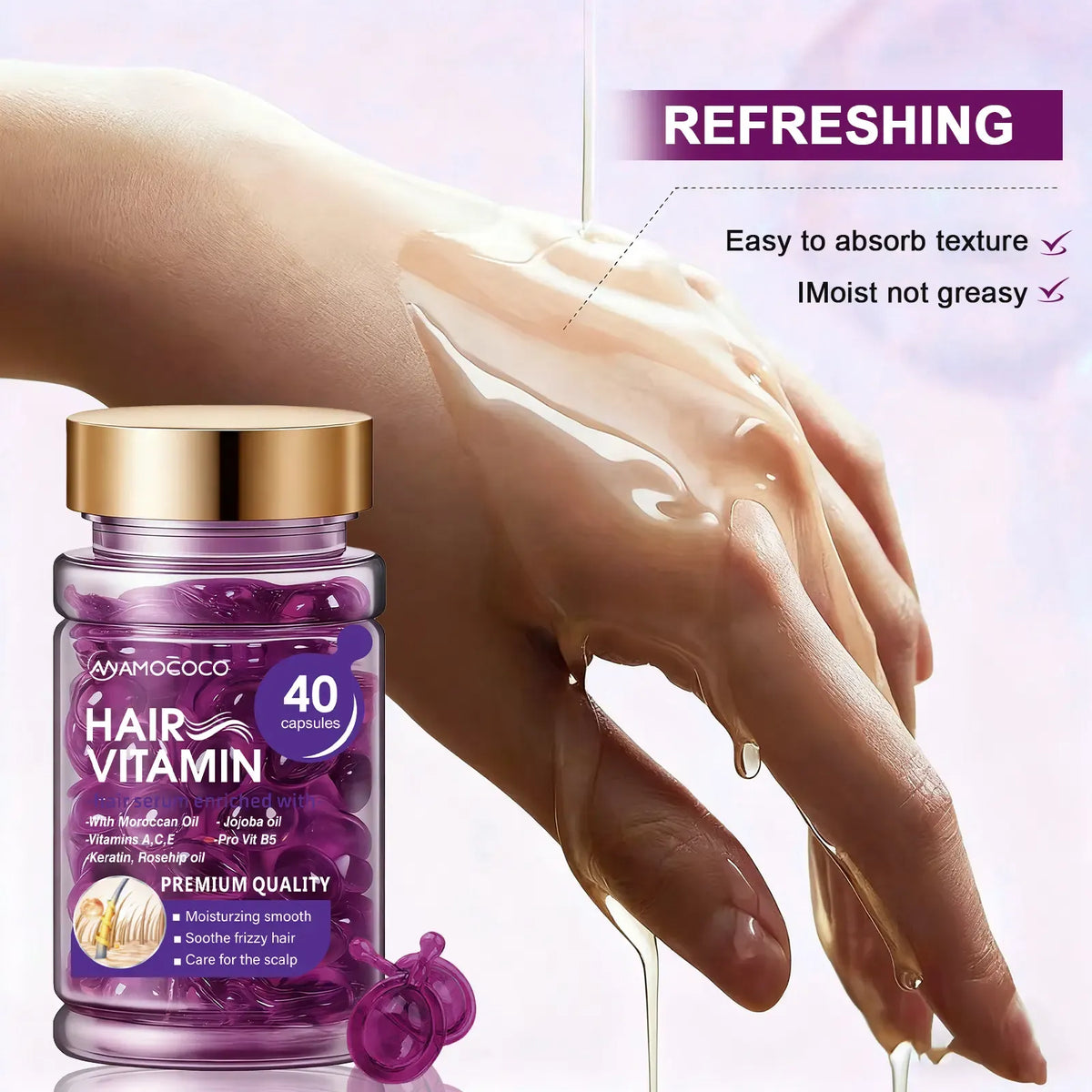 Hair Vitamin Capsules Infused with Violet Vitamins & Argan Oil for Color-Treated & Permed Hair Smooths Frizz Restores Silkiness & Shine 40 Capsules.