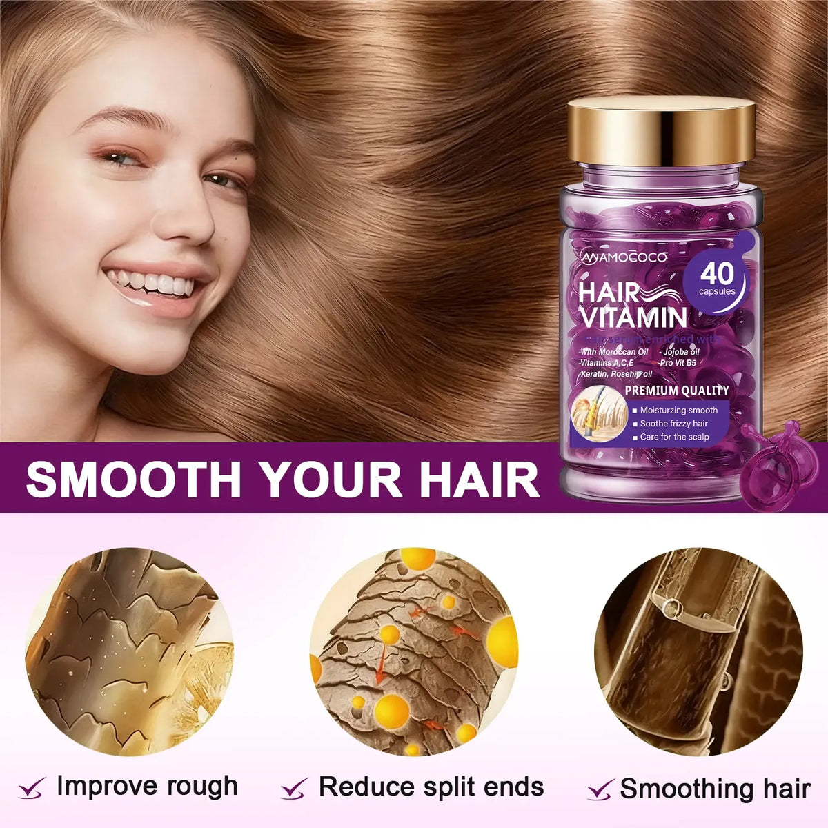 Hair Vitamin Capsules Infused with Violet Vitamins & Argan Oil for Color-Treated & Permed Hair Smooths Frizz Restores Silkiness & Shine 40 Capsules.