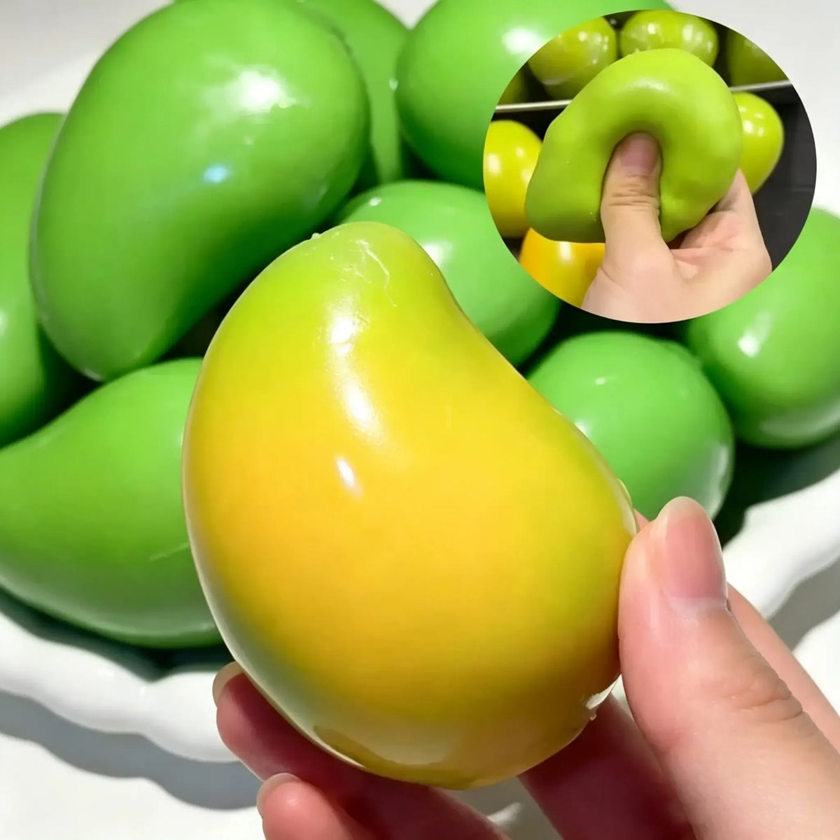 Handmade Viral Color Changing Mango Squishy, Crunchy ASMR Stress Ball (Green to Yellow),  Heat-Activated Bead Filled Fidget Toy