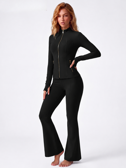 Soft Brushed Women's Sporty Jacket, 25'' Inseam Leggings. Gold-Color zipper Jacket with Pockets, Yoga Pants, Thumbholes Design, Casual