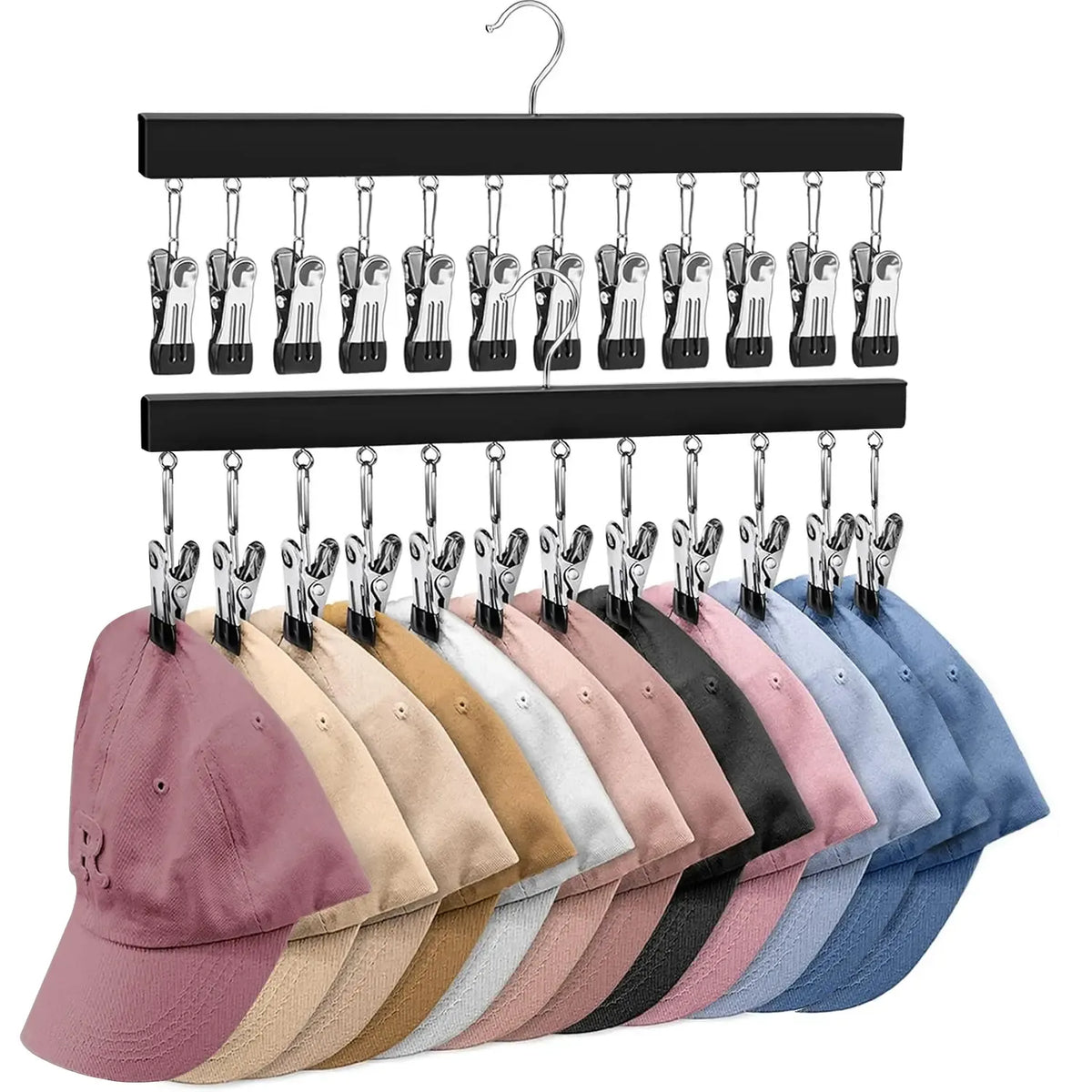 1/2 Pack Wooden Hat Organizer with 12 Stainless Steel Clips Holds Baseball Basketball Golf Caps Jeans & Yoga Pants Fits All Cap Sizes Black hanger,gift,hanging clothes,multi hanger,hanger clips,legging hanger,skirt hanger,wardrobe storage