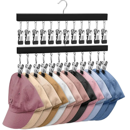 1/2 Pack Wooden Hat Organizer with 12 Stainless Steel Clips Holds Baseball Basketball Golf Caps Jeans & Yoga Pants Fits All Cap Sizes Black hanger,gift,hanging clothes,multi hanger,hanger clips,legging hanger,skirt hanger,wardrobe storage