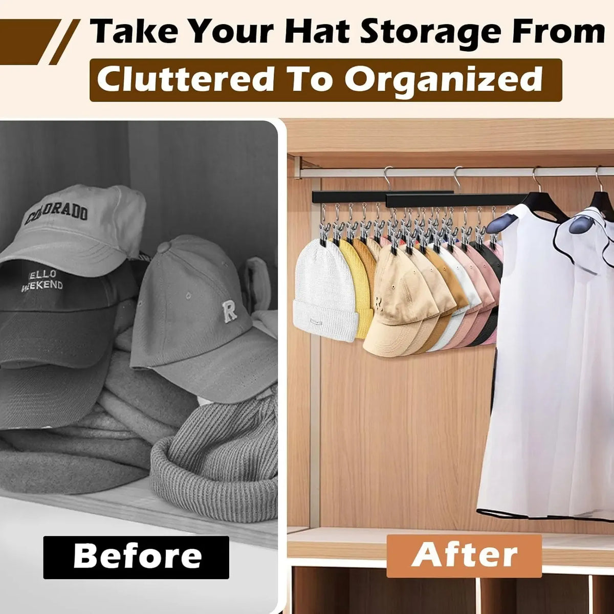 1/2 Pack Wooden Hat Organizer with 12 Stainless Steel Clips Holds Baseball Basketball Golf Caps Jeans & Yoga Pants Fits All Cap Sizes Black hanger,gift,hanging clothes,multi hanger,hanger clips,legging hanger,skirt hanger,wardrobe storage