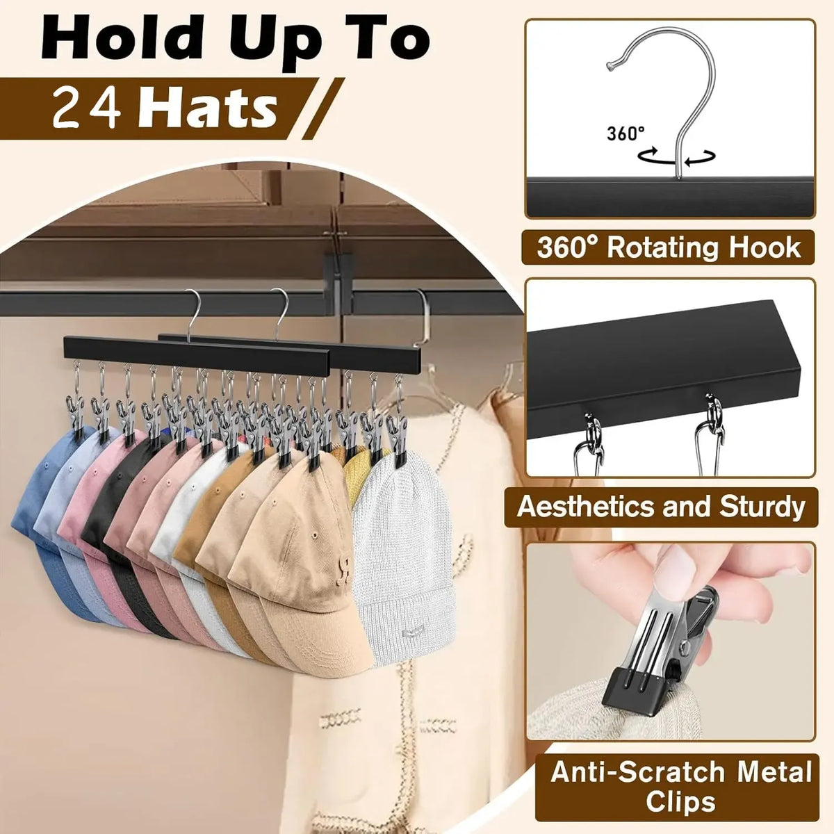 1/2 Pack Wooden Hat Organizer with 12 Stainless Steel Clips Holds Baseball Basketball Golf Caps Jeans & Yoga Pants Fits All Cap Sizes Black hanger,gift,hanging clothes,multi hanger,hanger clips,legging hanger,skirt hanger,wardrobe storage