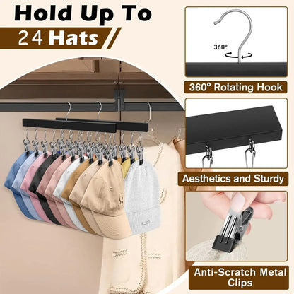 1/2 Pack Wooden Hat Organizer with 12 Stainless Steel Clips Holds Baseball Basketball Golf Caps Jeans & Yoga Pants Fits All Cap Sizes Black hanger,gift,hanging clothes,multi hanger,hanger clips,legging hanger,skirt hanger,wardrobe storage