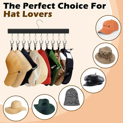 1/2 Pack Wooden Hat Organizer with 12 Stainless Steel Clips Holds Baseball Basketball Golf Caps Jeans & Yoga Pants Fits All Cap Sizes Black hanger,gift,hanging clothes,multi hanger,hanger clips,legging hanger,skirt hanger,wardrobe storage