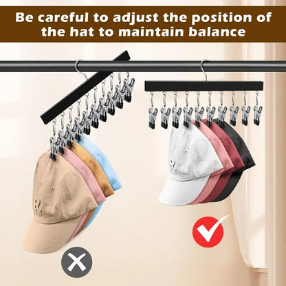 1/2 Pack Wooden Hat Organizer with 12 Stainless Steel Clips Holds Baseball Basketball Golf Caps Jeans & Yoga Pants Fits All Cap Sizes Black hanger,gift,hanging clothes,multi hanger,hanger clips,legging hanger,skirt hanger,wardrobe storage