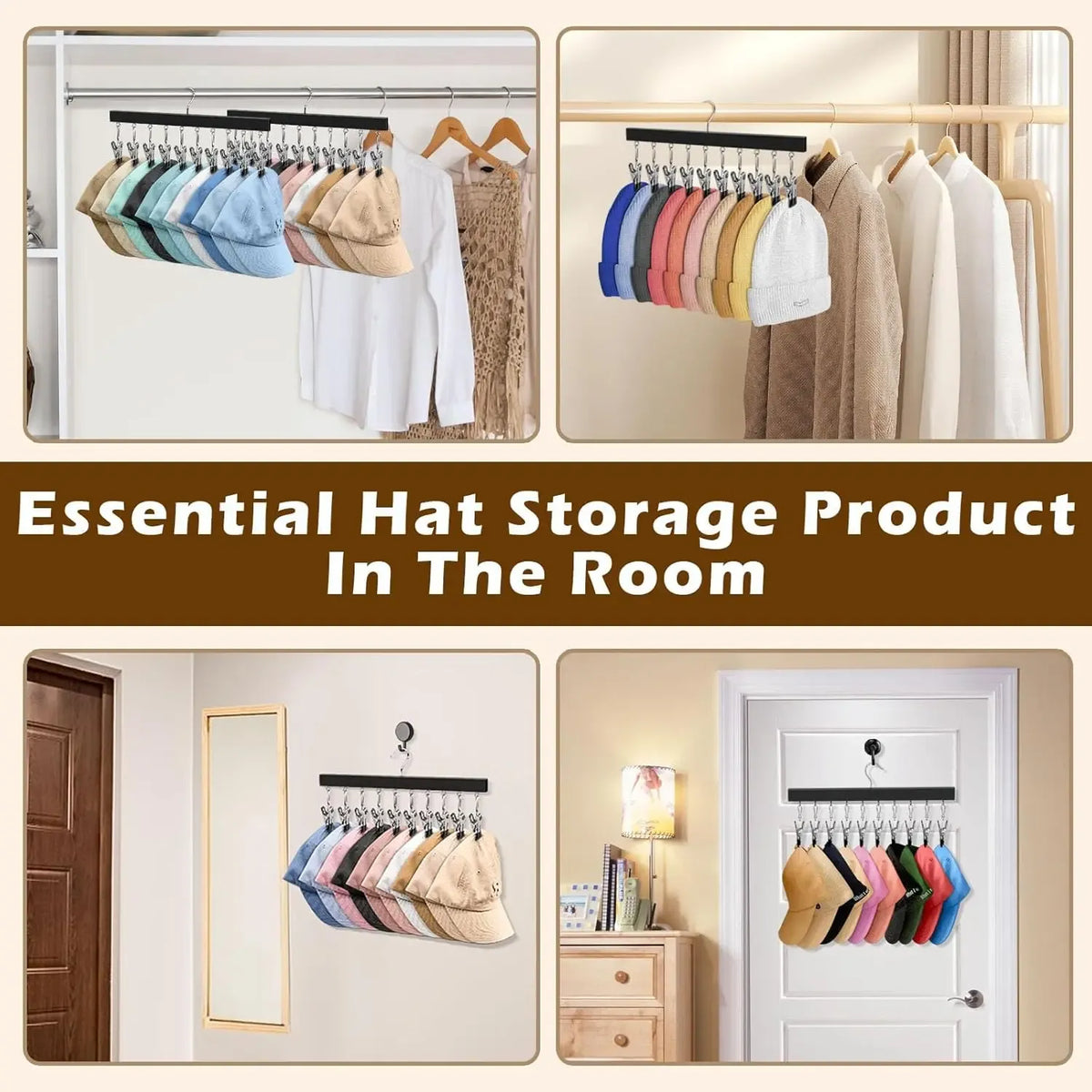 1/2 Pack Wooden Hat Organizer with 12 Stainless Steel Clips Holds Baseball Basketball Golf Caps Jeans & Yoga Pants Fits All Cap Sizes Black hanger,gift,hanging clothes,multi hanger,hanger clips,legging hanger,skirt hanger,wardrobe storage