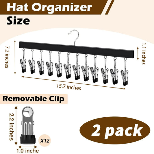 1/2 Pack Wooden Hat Organizer with 12 Stainless Steel Clips Holds Baseball Basketball Golf Caps Jeans & Yoga Pants Fits All Cap Sizes Black hanger,gift,hanging clothes,multi hanger,hanger clips,legging hanger,skirt hanger,wardrobe storage