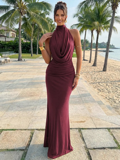 Women's Knit Halter Neck Backless Maxi Dress – Elegant Bodycon Gown