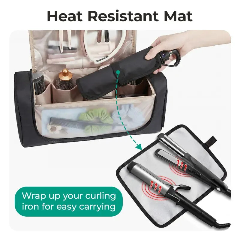 Hair Tool Organizer Travel Bag Compatible with  Hair Dryer, Wide-open with Heat Resistant Mat, Metal Hanging Hook for Long Barrel, Straighteners
