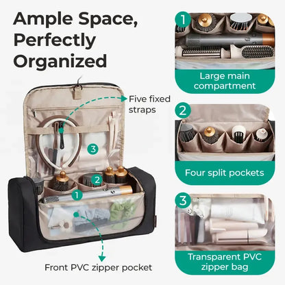 Hair Tool Organizer Travel Bag Compatible with  Hair Dryer, Wide-open with Heat Resistant Mat, Metal Hanging Hook for Long Barrel, Straighteners