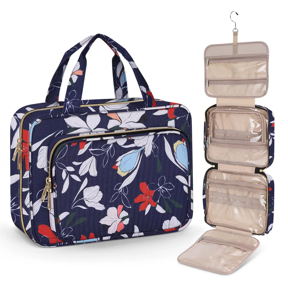 Large Capacity Hanging Toiletry Bag, Waterproof Travel Makeup Cosmetic Organizer with Hook, Partitioned Storage for Shampoo, Skincare, Perfume, Cruise & Vacation