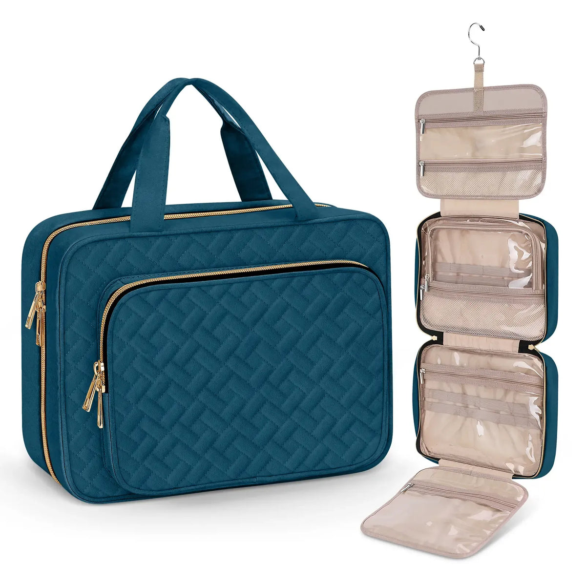 Large Capacity Hanging Toiletry Bag, Waterproof Travel Makeup Cosmetic Organizer with Hook, Partitioned Storage for Shampoo, Skincare, Perfume, Cruise & Vacation