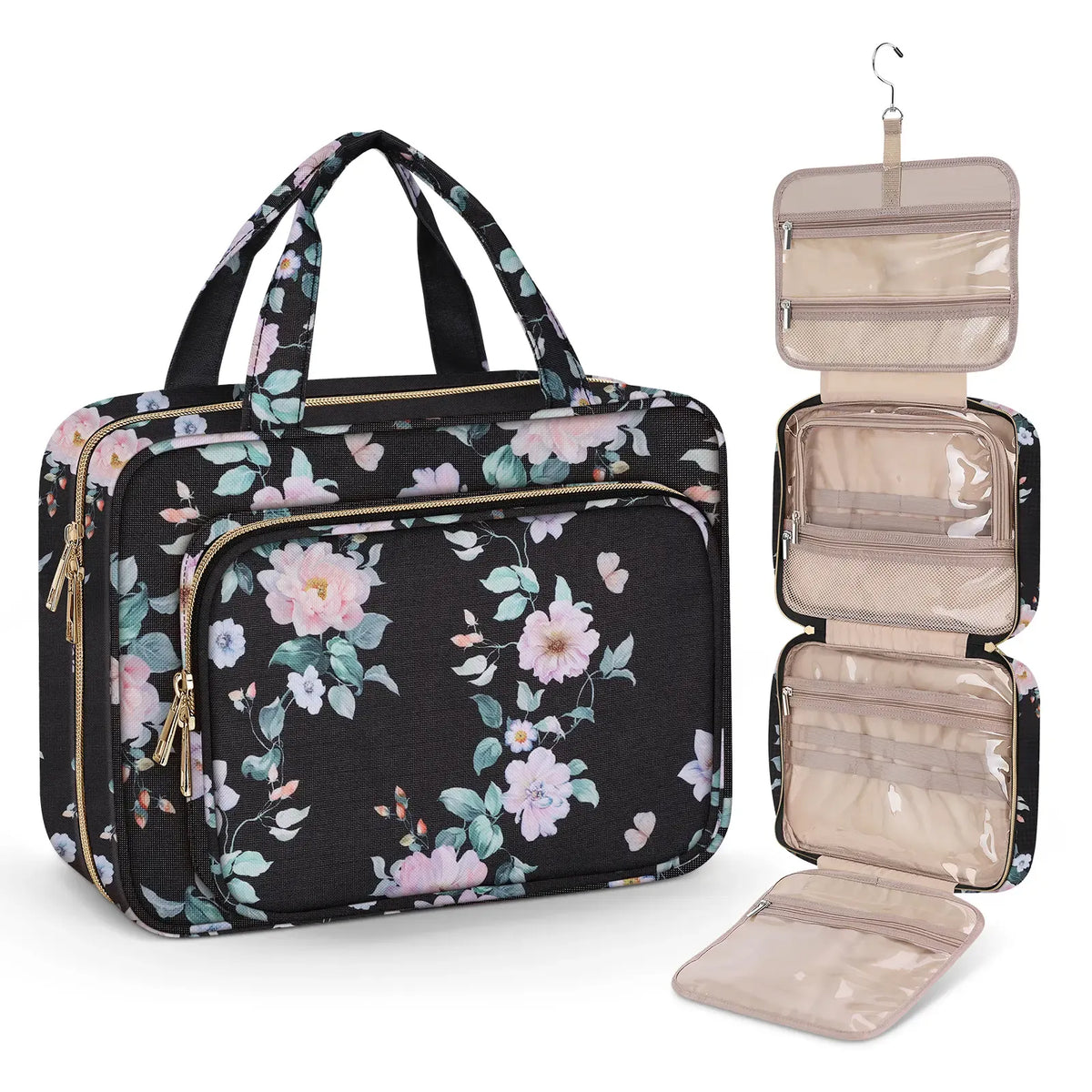 Large Capacity Hanging Toiletry Bag, Waterproof Travel Makeup Cosmetic Organizer with Hook, Partitioned Storage for Shampoo, Skincare, Perfume, Cruise & Vacation