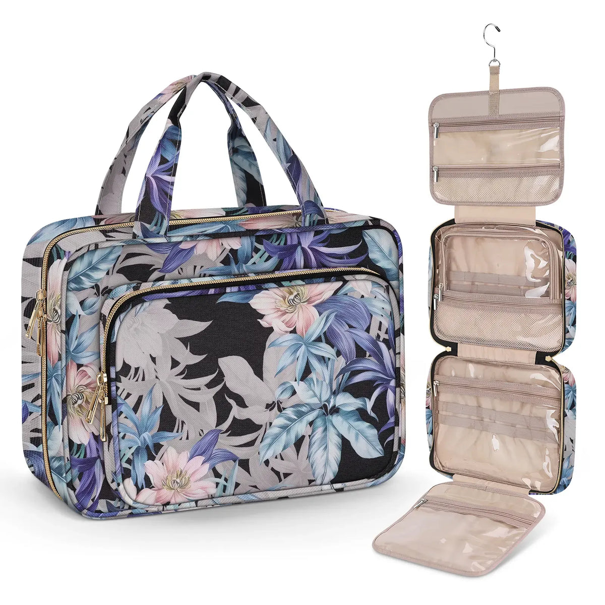 Large Capacity Hanging Toiletry Bag, Waterproof Travel Makeup Cosmetic Organizer with Hook, Partitioned Storage for Shampoo, Skincare, Perfume, Cruise & Vacation