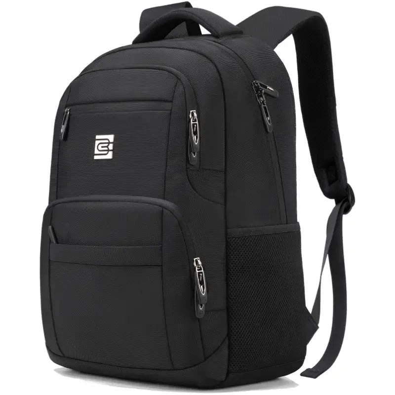 Unisex Casual Solid Black 17.6-Inch Polyester Laptop Backpack, Compact Zippered Plain Design, for Daily Commutes, Work, Adults' Luggage Accessory