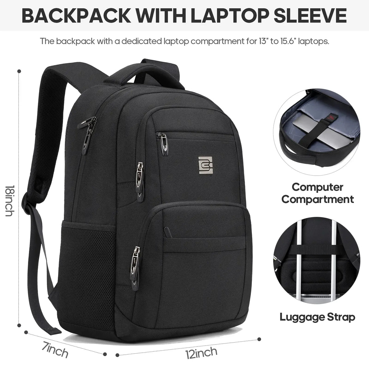 Unisex Casual Solid Black 17.6-Inch Polyester Laptop Backpack, Compact Zippered Plain Design, for Daily Commutes, Work, Adults' Luggage Accessory