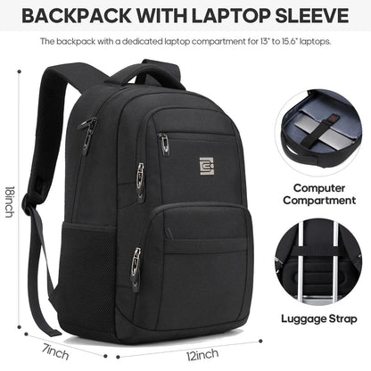 Unisex Casual Solid Black 17.6-Inch Polyester Laptop Backpack, Compact Zippered Plain Design, for Daily Commutes, Work, Adults' Luggage Accessory