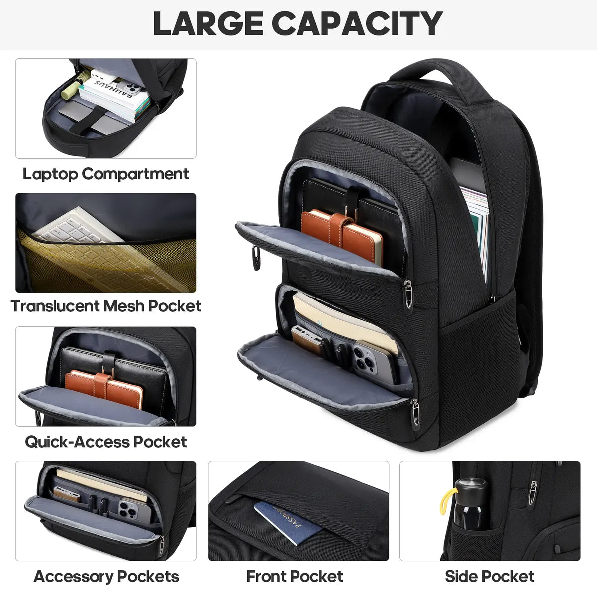 Unisex Casual Solid Black 17.6-Inch Polyester Laptop Backpack, Compact Zippered Plain Design, for Daily Commutes, Work, Adults' Luggage Accessory