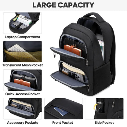 Unisex Casual Solid Black 17.6-Inch Polyester Laptop Backpack, Compact Zippered Plain Design, for Daily Commutes, Work, Adults' Luggage Accessory