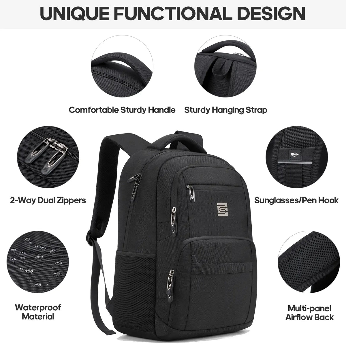 Unisex Casual Solid Black 17.6-Inch Polyester Laptop Backpack, Compact Zippered Plain Design, for Daily Commutes, Work, Adults' Luggage Accessory