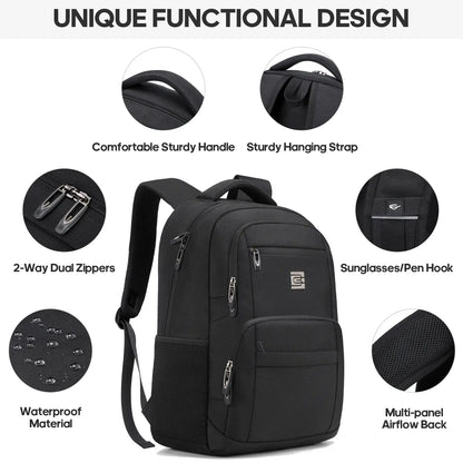 Unisex Casual Solid Black 17.6-Inch Polyester Laptop Backpack, Compact Zippered Plain Design, for Daily Commutes, Work, Adults' Luggage Accessory