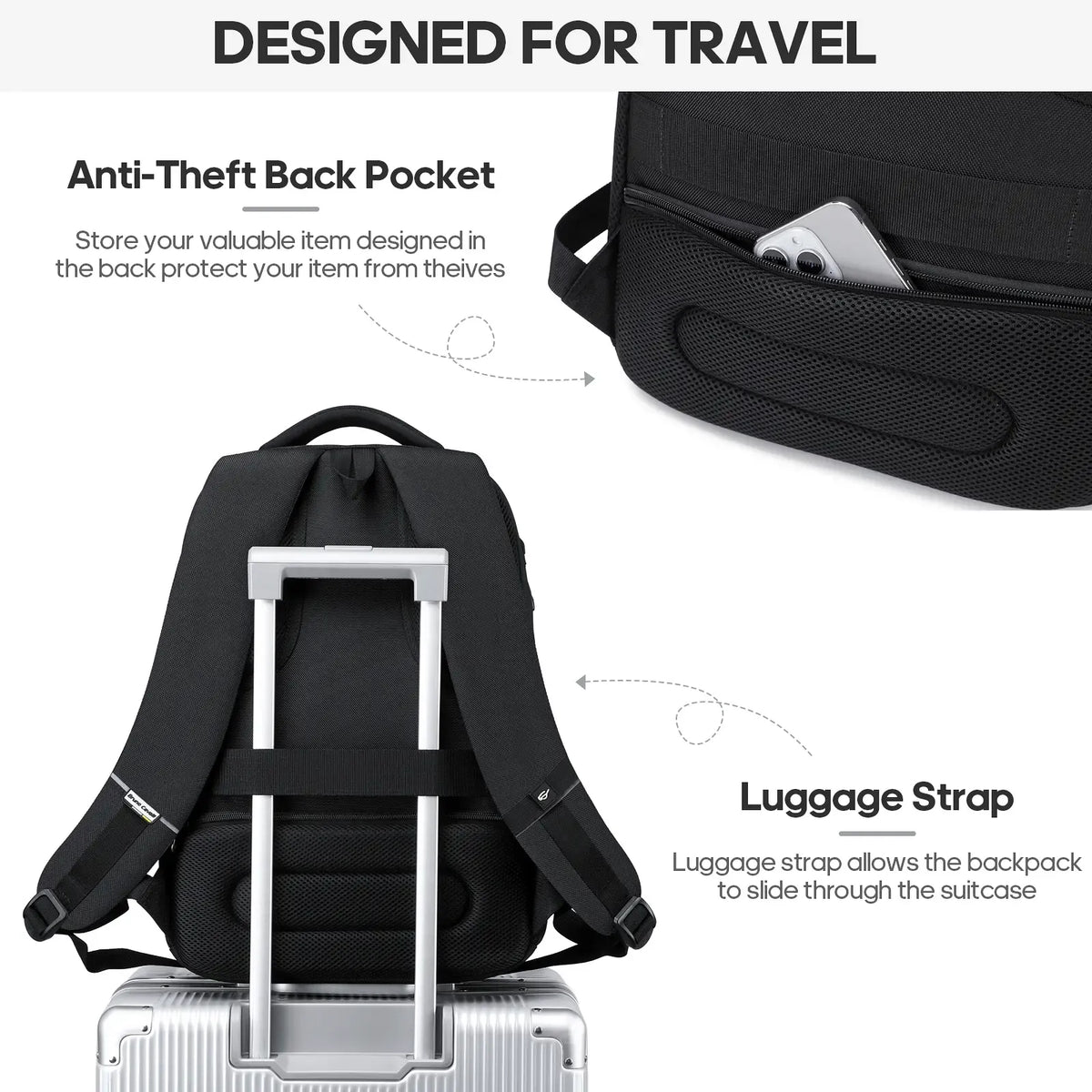Unisex Casual Solid Black 17.6-Inch Polyester Laptop Backpack, Compact Zippered Plain Design, for Daily Commutes, Work, Adults' Luggage Accessory