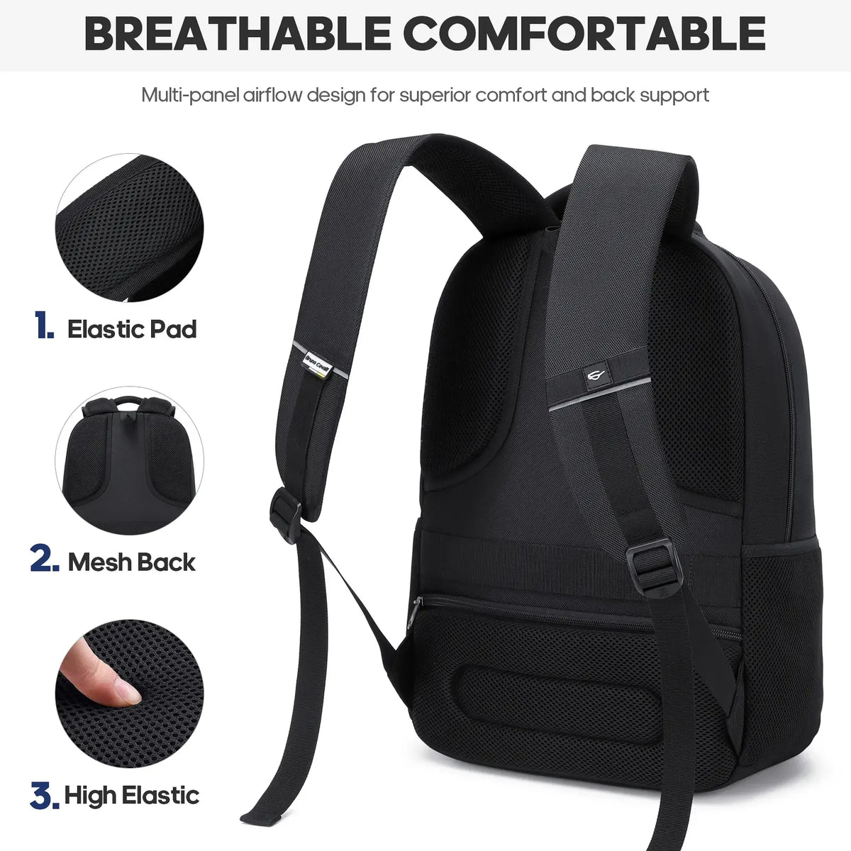 Unisex Casual Solid Black 17.6-Inch Polyester Laptop Backpack, Compact Zippered Plain Design, for Daily Commutes, Work, Adults' Luggage Accessory