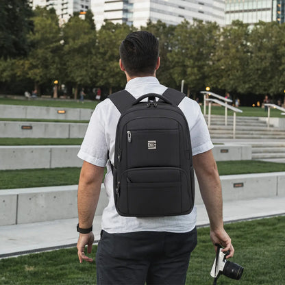 Unisex Casual Solid Black 17.6-Inch Polyester Laptop Backpack, Compact Zippered Plain Design, for Daily Commutes, Work, Adults' Luggage Accessory
