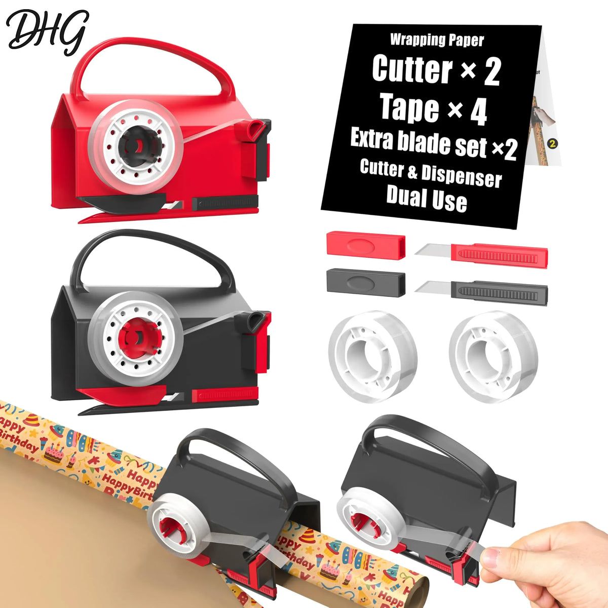 2-Pack Dual-Use Wrapping Paper Cutter &amp; Tape Dispenser Kit, Sliding Roll Slicer Holder with 4 Tape Rolls &amp; 2 Spare Blades, Multifunctional Stationery Cutting Supplies for Home Office, Handles Cellophane Neatly, Fits Kraft Paper, Holiday