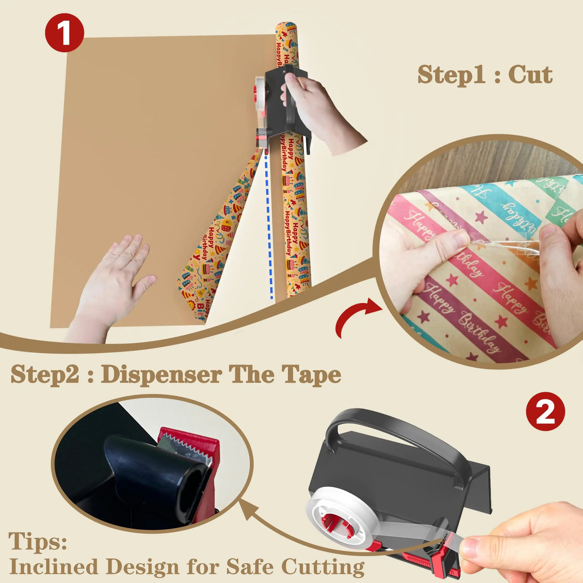 2-Pack Dual-Use Wrapping Paper Cutter &amp; Tape Dispenser Kit, Sliding Roll Slicer Holder with 4 Tape Rolls &amp; 2 Spare Blades, Multifunctional Stationery Cutting Supplies for Home Office, Handles Cellophane Neatly, Fits Kraft Paper, Holiday