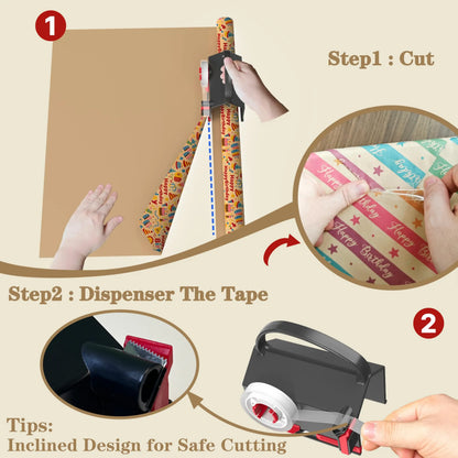 2-Pack Dual-Use Wrapping Paper Cutter &amp; Tape Dispenser Kit, Sliding Roll Slicer Holder with 4 Tape Rolls &amp; 2 Spare Blades, Multifunctional Stationery Cutting Supplies for Home Office, Handles Cellophane Neatly, Fits Kraft Paper, Holiday