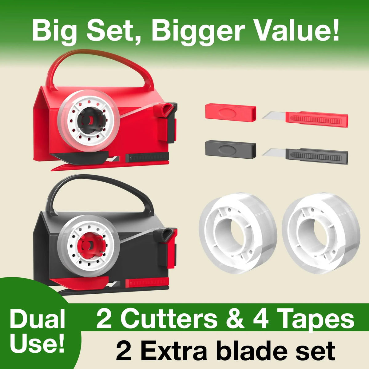 2-Pack Dual-Use Wrapping Paper Cutter &amp; Tape Dispenser Kit, Sliding Roll Slicer Holder with 4 Tape Rolls &amp; 2 Spare Blades, Multifunctional Stationery Cutting Supplies for Home Office, Handles Cellophane Neatly, Fits Kraft Paper, Holiday