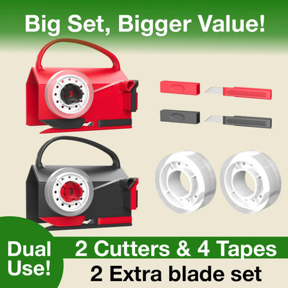 2-Pack Dual-Use Wrapping Paper Cutter &amp; Tape Dispenser Kit, Sliding Roll Slicer Holder with 4 Tape Rolls &amp; 2 Spare Blades, Multifunctional Stationery Cutting Supplies for Home Office, Handles Cellophane Neatly, Fits Kraft Paper, Holiday