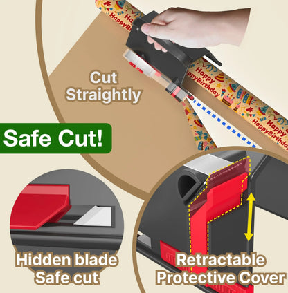 2-Pack Dual-Use Wrapping Paper Cutter &amp; Tape Dispenser Kit, Sliding Roll Slicer Holder with 4 Tape Rolls &amp; 2 Spare Blades, Multifunctional Stationery Cutting Supplies for Home Office, Handles Cellophane Neatly, Fits Kraft Paper, Holiday