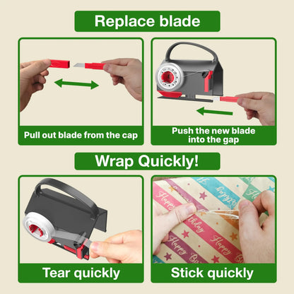 2-Pack Dual-Use Wrapping Paper Cutter &amp; Tape Dispenser Kit, Sliding Roll Slicer Holder with 4 Tape Rolls &amp; 2 Spare Blades, Multifunctional Stationery Cutting Supplies for Home Office, Handles Cellophane Neatly, Fits Kraft Paper, Holiday