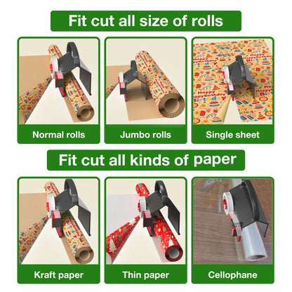 2-Pack Dual-Use Wrapping Paper Cutter &amp; Tape Dispenser Kit, Sliding Roll Slicer Holder with 4 Tape Rolls &amp; 2 Spare Blades, Multifunctional Stationery Cutting Supplies for Home Office, Handles Cellophane Neatly, Fits Kraft Paper, Holiday