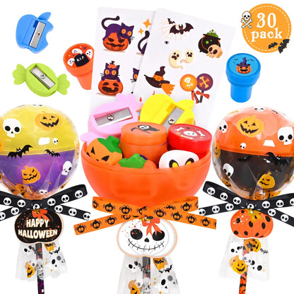 30-Pack Halloween Multicolor-with-Light Trick or Treat Lollipop Stationery Kit - Card+Gift in 1, Classroom Gifts, Child Party Supplies, Goodie Bag Fillers