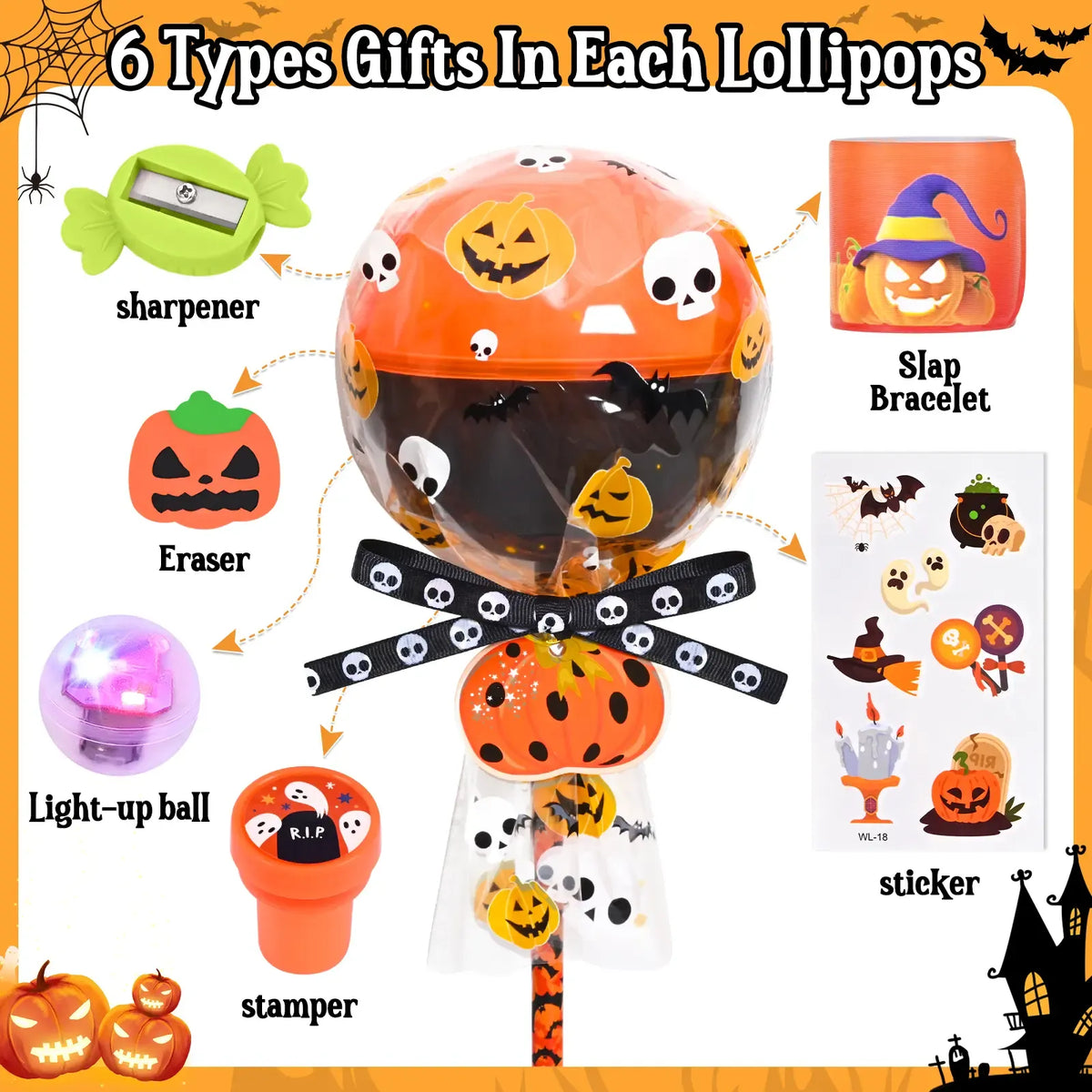 30-Pack Halloween Multicolor-with-Light Trick or Treat Lollipop Stationery Kit - Card+Gift in 1, Classroom Gifts, Child Party Supplies, Goodie Bag Fillers