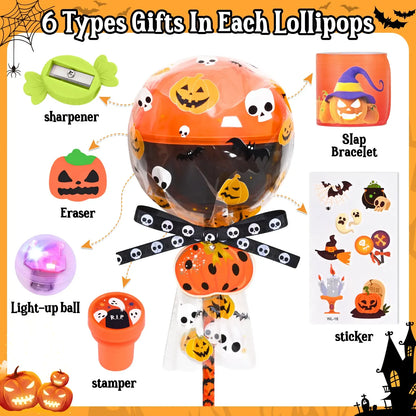 30-Pack Halloween Multicolor-with-Light Trick or Treat Lollipop Stationery Kit - Card+Gift in 1, Classroom Gifts, Child Party Supplies, Goodie Bag Fillers
