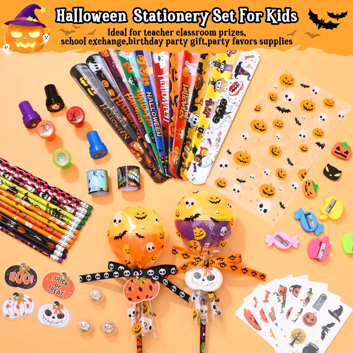 30-Pack Halloween Multicolor-with-Light Trick or Treat Lollipop Stationery Kit - Card+Gift in 1, Classroom Gifts, Child Party Supplies, Goodie Bag Fillers