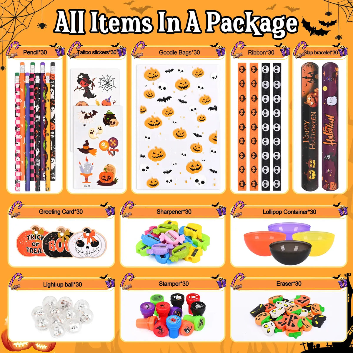 30-Pack Halloween Multicolor-with-Light Trick or Treat Lollipop Stationery Kit - Card+Gift in 1, Classroom Gifts, Child Party Supplies, Goodie Bag Fillers