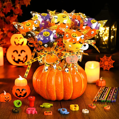 30-Pack Halloween Multicolor-with-Light Trick or Treat Lollipop Stationery Kit - Card+Gift in 1, Classroom Gifts, Child Party Supplies, Goodie Bag Fillers