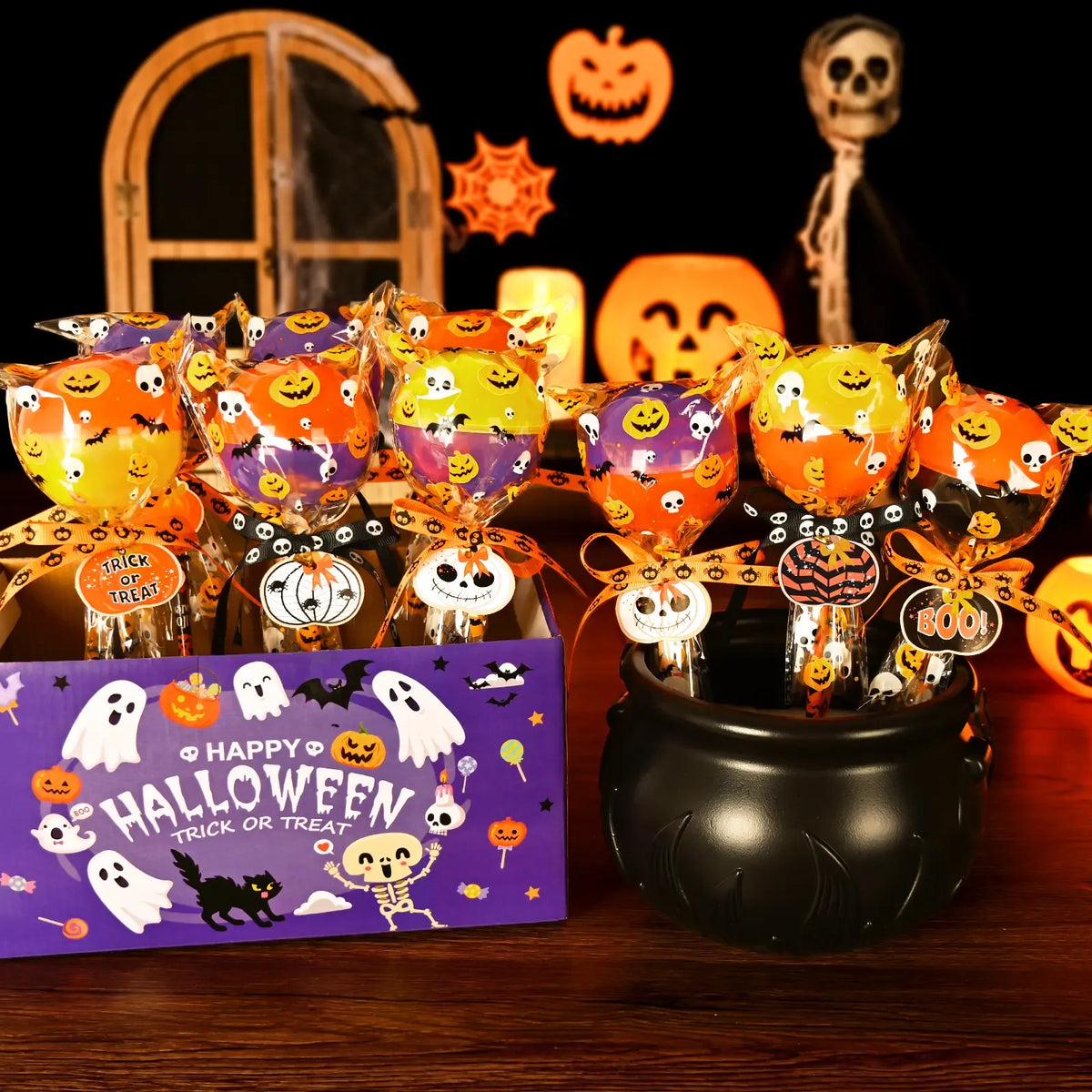 30-Pack Halloween Multicolor-with-Light Trick or Treat Lollipop Stationery Kit - Card+Gift in 1, Classroom Gifts, Child Party Supplies, Goodie Bag Fillers