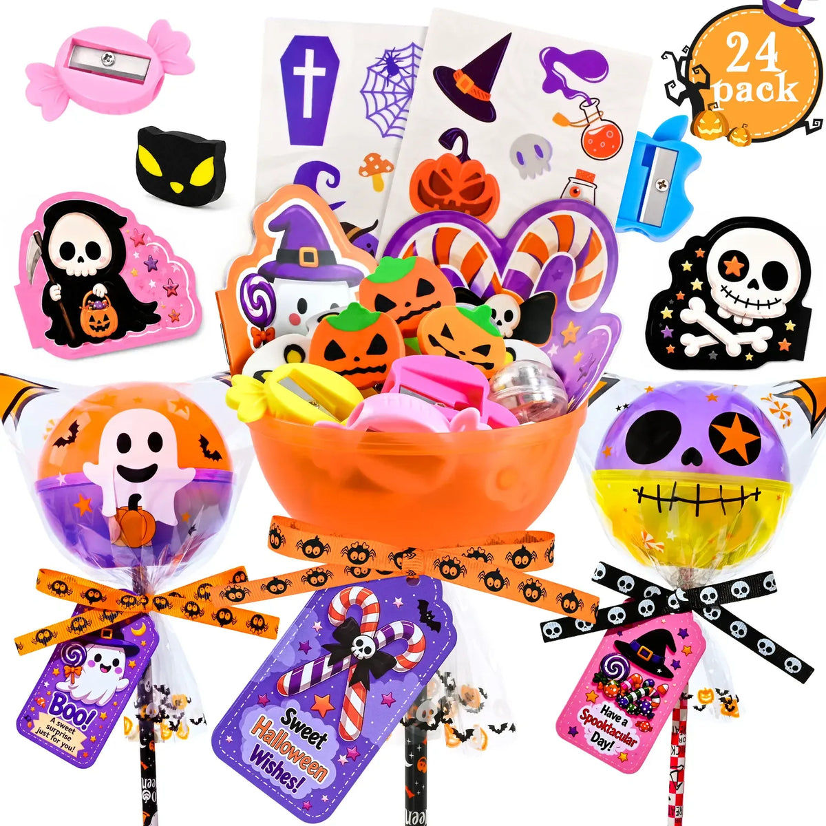 30-Pack Halloween Multicolor-with-Light Trick or Treat Lollipop Stationery Kit - Card+Gift in 1, Classroom Gifts, Child Party Supplies, Goodie Bag Fillers