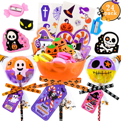30-Pack Halloween Multicolor-with-Light Trick or Treat Lollipop Stationery Kit - Card+Gift in 1, Classroom Gifts, Child Party Supplies, Goodie Bag Fillers